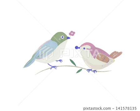 一隻繡眼鳥和一隻麻雀一起棲息在樹枝上。 一隻繡眼鳥和一隻麻雀一起棲息在樹枝上。 141578135