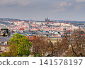 Panoramic View of Prague Castle Above Historic City Rooftops in Spring Light 141578197