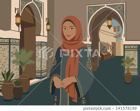 一幅描繪阿拉伯街景和一位身著傳統服飾的女性的插圖。 141578199