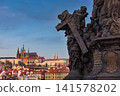 Prague Castle and Charles Bridge Sculpture Overlooking Historic Prague City Skyline 141578202
