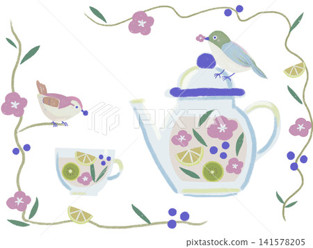 A botanical frame featuring a bird and a teapot. 141578205