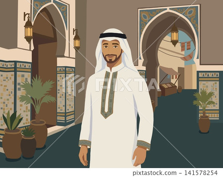 A man in traditional Middle Eastern clothing and an Islamic streetscape A man in traditional Middle Eastern clothing and an Islamic streetscape 141578254