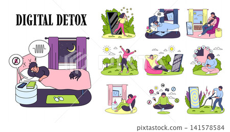 Cartoon Color Characters People and Digital Detox Concept Flat Design Style with Elements Thin Line. Vector illustration Cartoon Color Characters People and Digital Detox Concept Flat Design Style with Elements Thin Line. Vector illustration 141578584