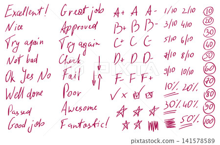School Grading Score Marks Red Thin Line Set Hand Drawn Doodle Style. Vector illustration of Handwritten Comments for Classroom Works 141578589