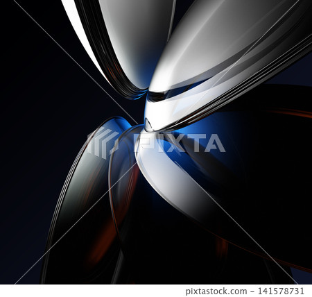 Transparent circle plates with red blue silver gradient on dark 3d background. Abstract modern graphic wallpaper with crystal holographic transparent round discs and neon light effect. 3D illustration 141578731