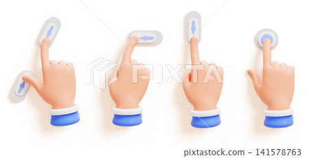 3D cartoon hands set with different touch screen gestures - pinch, swipe and tap on interface elements, fingers press buttons and sliders. Man arms click icon, push toggle switch. 3D illustration 141578763