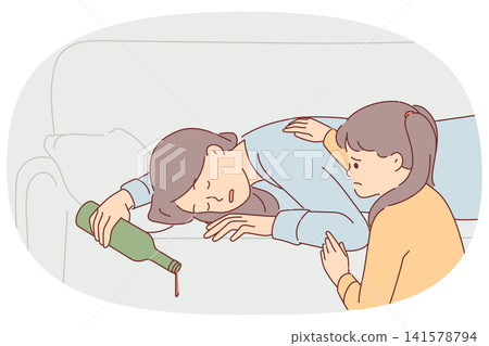 Drunk mother sleeps on sofa with bottle of alcohol, forgetting about unfortunate little daughter Drunk mother sleeps on sofa with bottle of alcohol, forgetting about unfortunate little daughter 141578794