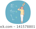 Woman housewife completed all housework stands in soldier pose with mop in hands 141578801