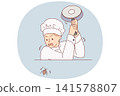 Man restaurant cook kills cockroach crawling on kitchen table, shaking frying pan 141578807