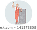 Man repairman stands near phone with broken display and points up, recommending protective film 141578808