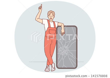 Man repairman stands near phone with broken display and points up, recommending protective film Man repairman stands near phone with broken display and points up, recommending protective film 141578808