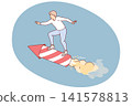 Man strives for success, standing on flying rocket, as metaphor for launching startup 141578813