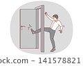 Business man kicks door bursting into office of competitors, violated business ethics 141578821