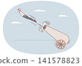 Business man demonstrates willingness to take risks, flies out of retro cannon instead of cannonball 141578823