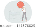 Woman office manager does gymnastics at workplace, uses pilates ball to stretch spine 141578825