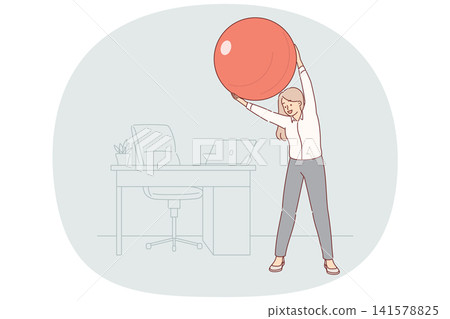 Woman office manager does gymnastics at workplace, uses pilates ball to stretch spine Woman office manager does gymnastics at workplace, uses pilates ball to stretch spine 141578825