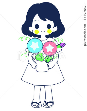 一個女孩手捧一盆牽牛花 一個女孩手捧一盆牽牛花 141578870