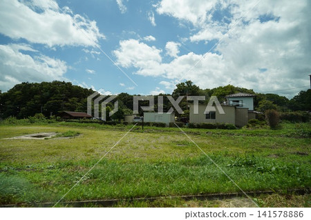 A peaceful summer scene of a vacant lot and trees under a blue sky and white clouds. A peaceful summer scene of a vacant lot and trees under a blue sky and white clouds. 141578886