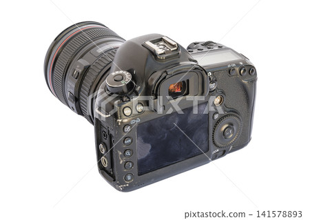 Black DSLR Camera with Lens on White Background Black DSLR Camera with Lens on White Background 141578893