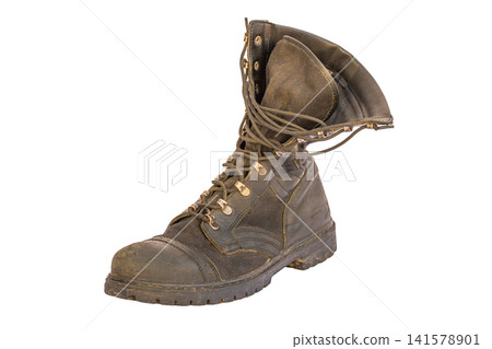 Worn High-Top Work Boot on White Background Worn High-Top Work Boot on White Background 141578901