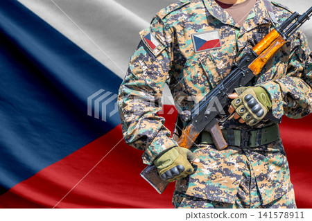 Czech flag with soldier holding assault rifle Czech flag with soldier holding assault rifle 141578911