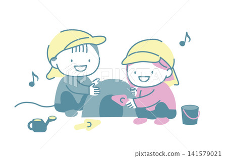 Children enjoying playing in the sandbox while wearing hats Children enjoying playing in the sandbox while wearing hats 141579021