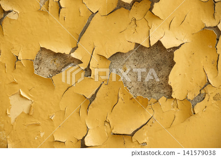 Close-up of weathered yellow paint peeling off a concrete surface Close-up of weathered yellow paint peeling off a concrete surface 141579038
