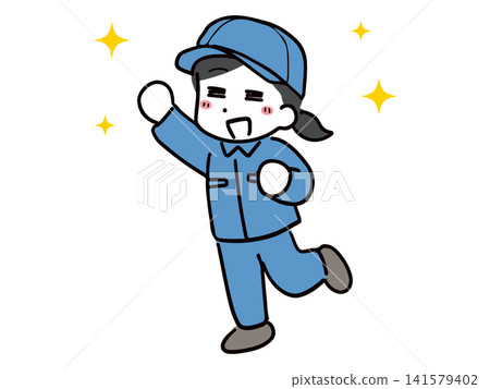 A young female worker with a smile and a triumphant gesture (full body). A young female worker with a smile and a triumphant gesture (full body). 141579402