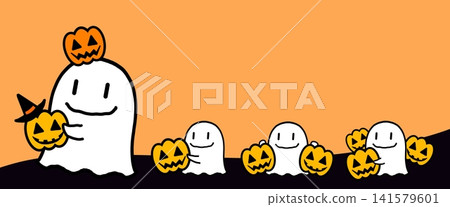 Cute hand-drawn style frame with Halloween motifs, a parade of ghosts 141579601