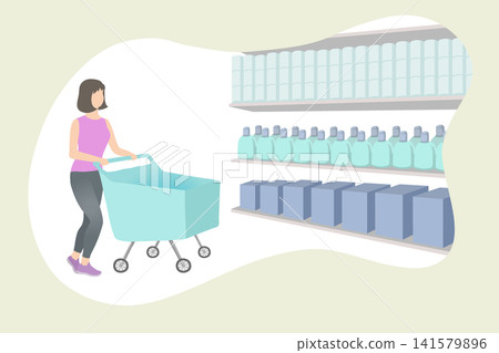 woman rolls a cart on wheels past shelves of goods in a supermarket. Simple vector illustration of grocery shopping trip woman rolls a cart on wheels past shelves of goods in a supermarket. Simple vector illustration of grocery shopping trip 141579896