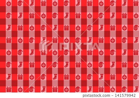 Festive red plaid seamless pattern with Santa Claus, gifts, stockings and baubles for Christmas  141579942