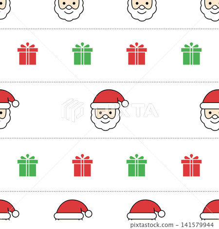 Seamless Christmas pattern featuring cute Santa Claus faces, red and green gift boxes  141579944