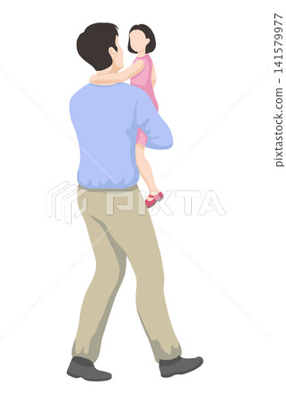 Asian father in full growth carries his daughter in his arms - simple vector style. Father and daughter Asian father in full growth carries his daughter in his arms - simple vector style. Father and daughter 141579977