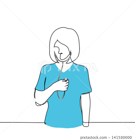 female doctor checking herself with a stethoscope - one line art vector. Self-examination or medical checkup. Self-medication, a metaphor for self-reflection. female doctor checking herself with a stethoscope - one line art vector. Self-examination or medical checkup. Self-medication, a metaphor for self-reflection. 141580000
