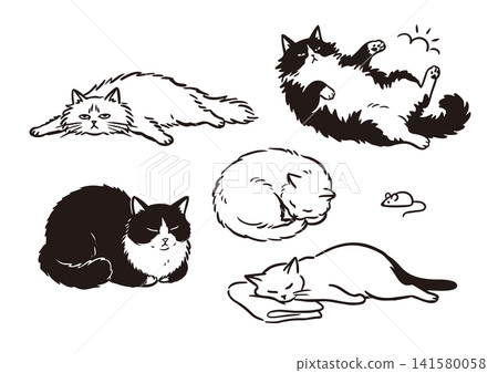 A hand-drawn, relaxed cat illustration. 141580058