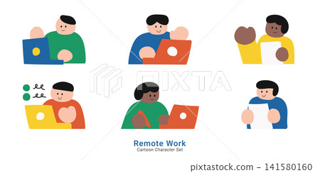 Remote work and digital freelance concepts. Cute cartoon character set of diverse people working on laptops, reading documents, and managing tasks online. Remote work and digital freelance concepts. Cute cartoon character set of diverse people working on laptops, reading documents, and managing tasks online. 141580160