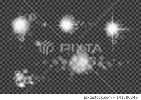 set of round lights with clear round center and without center. beautiful bokeh effect with light diffusion on transparent background 141580249