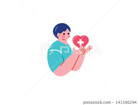 Illustration of a male nurse holding a heart Illustration of a male nurse holding a heart 141580294