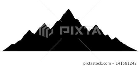 Black silhouette of a jagged mountain range with peaks and ridges, isolated on a transparent background. Black silhouette of a jagged mountain range with peaks and ridges, isolated on a transparent background. 141581242
