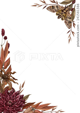 Autumn botanical frame with moth and wildflowers. Blank floral template for cards, flyers, posters, and invitations. 141581388