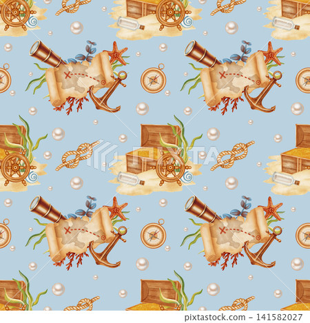 Pirate treasure seamless pattern featuring watercolor treasure maps, open chests with gold, spyglasses, pearls. Children's, nautical, travel themes. Suitable for design, prints, postcards, sea travel 141582027