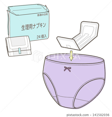將說明圖片(柔和色調)貼在衛生棉包裝和內衣上。 將說明圖片(柔和色調)貼在衛生棉包裝和內衣上。 141582036