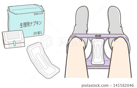 一幅（粉彩）圖片，展示了衛生棉包裝固定在內褲襠部，褲管插入內褲後的樣子。 141582046