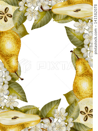 Watercolor frame with ripe pears andwith branches with flowers and leaves. Perfect for product logos, market posters, food packaging, textile patterns, and harvest-themed, Wedding invitations, menu 141582078