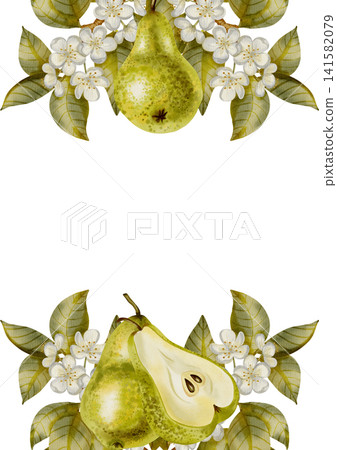 Watercolor frame with ripe pears andwith branches with flowers and leaves. Perfect for product logos, market posters, food packaging, textile patterns, and harvest-themed, Wedding invitations, menu Watercolor frame with ripe pears andwith branches with flowers and leaves. Perfect for product logos, market posters, food packaging, textile patterns, and harvest-themed, Wedding invitations, menu 141582079