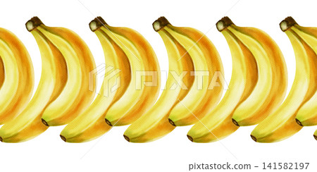 Watercolor illustration seamless border of ripe yellow bananas. Hand drawn tropical fruit pattern. Botanical art for food packaging, fabrics, wallpaper, kitchen decor, cafe menus Watercolor illustration seamless border of ripe yellow bananas. Hand drawn tropical fruit pattern. Botanical art for food packaging, fabrics, wallpaper, kitchen decor, cafe menus 141582197