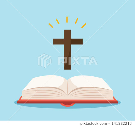 Open Bible with Glowing Wooden Cross Rising Above the Pages Open Bible with Glowing Wooden Cross Rising Above the Pages 141582213