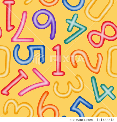 Watercolor colorful numbers seamless pattern. Hand drawn birthday school background with bright numbers from 0 to 9 for fabric, wrapping paper, textile, children's design, back to school Watercolor colorful numbers seamless pattern. Hand drawn birthday school background with bright numbers from 0 to 9 for fabric, wrapping paper, textile, children's design, back to school 141582218