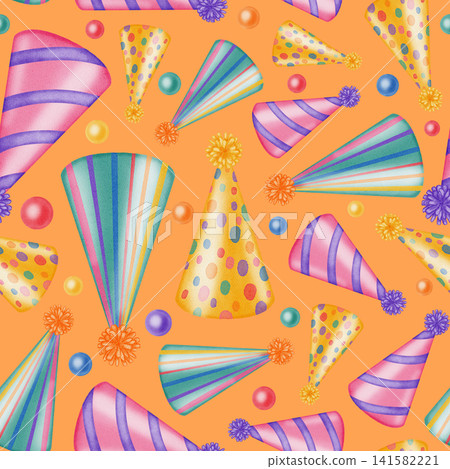 Watercolor seamless pattern with festive party hats and colorful confetti. Hand drawn birthday background for kids holiday, wrapping paper, birthdays, party invitations, children's design, card making Watercolor seamless pattern with festive party hats and colorful confetti. Hand drawn birthday background for kids holiday, wrapping paper, birthdays, party invitations, children's design, card making 141582221