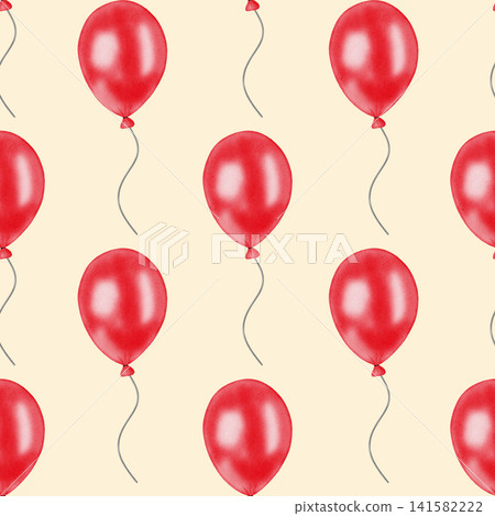 Watercolor red balloons seamless pattern. Hand drawn festive floating balloon with string background on white for birthday party, Valentine's day, wrapping paper, textile, wallpaper. 141582222